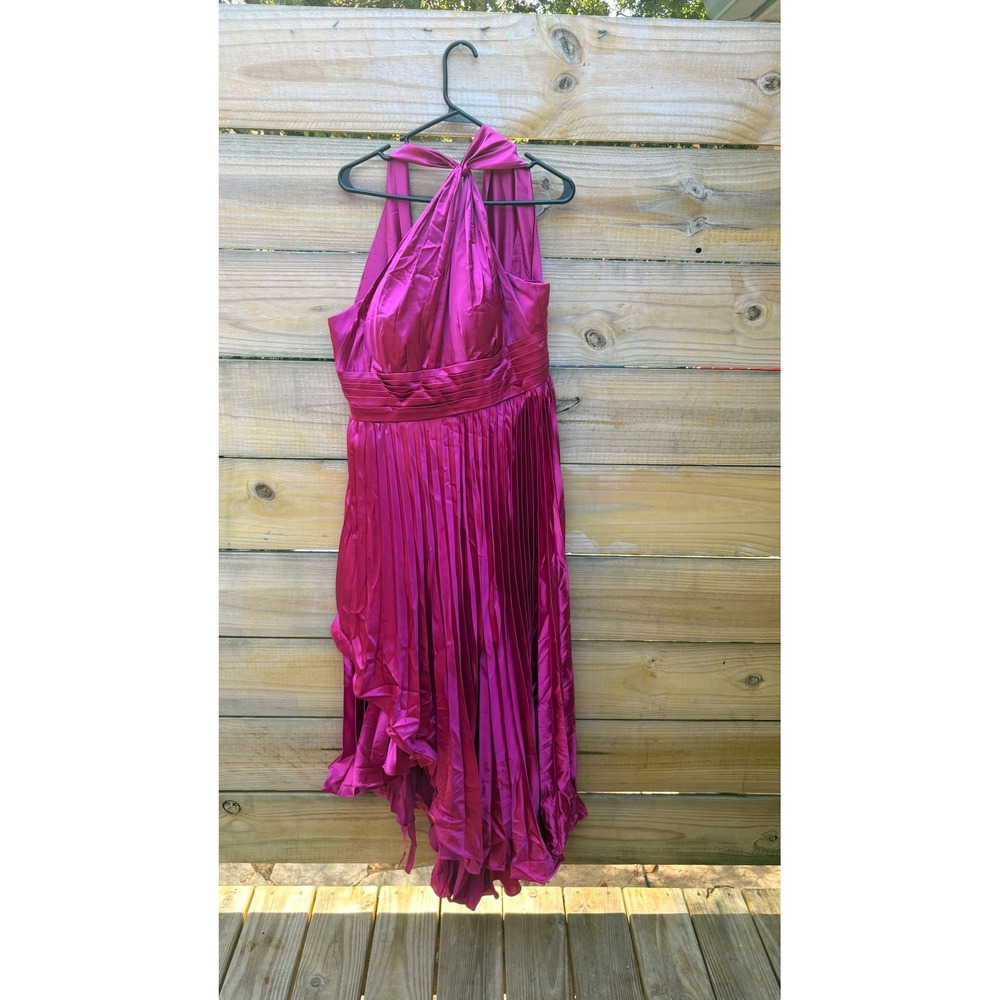 Hdsmfos Magenta Pink Satin Halter Pleated Asymmetrical High Low Formal Gown NEW